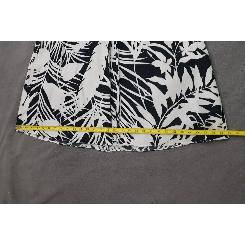 ANN TAYLOR ALine Midi Skirt Womens Size 14 Black White Tropical‎ Palm Trees Silk